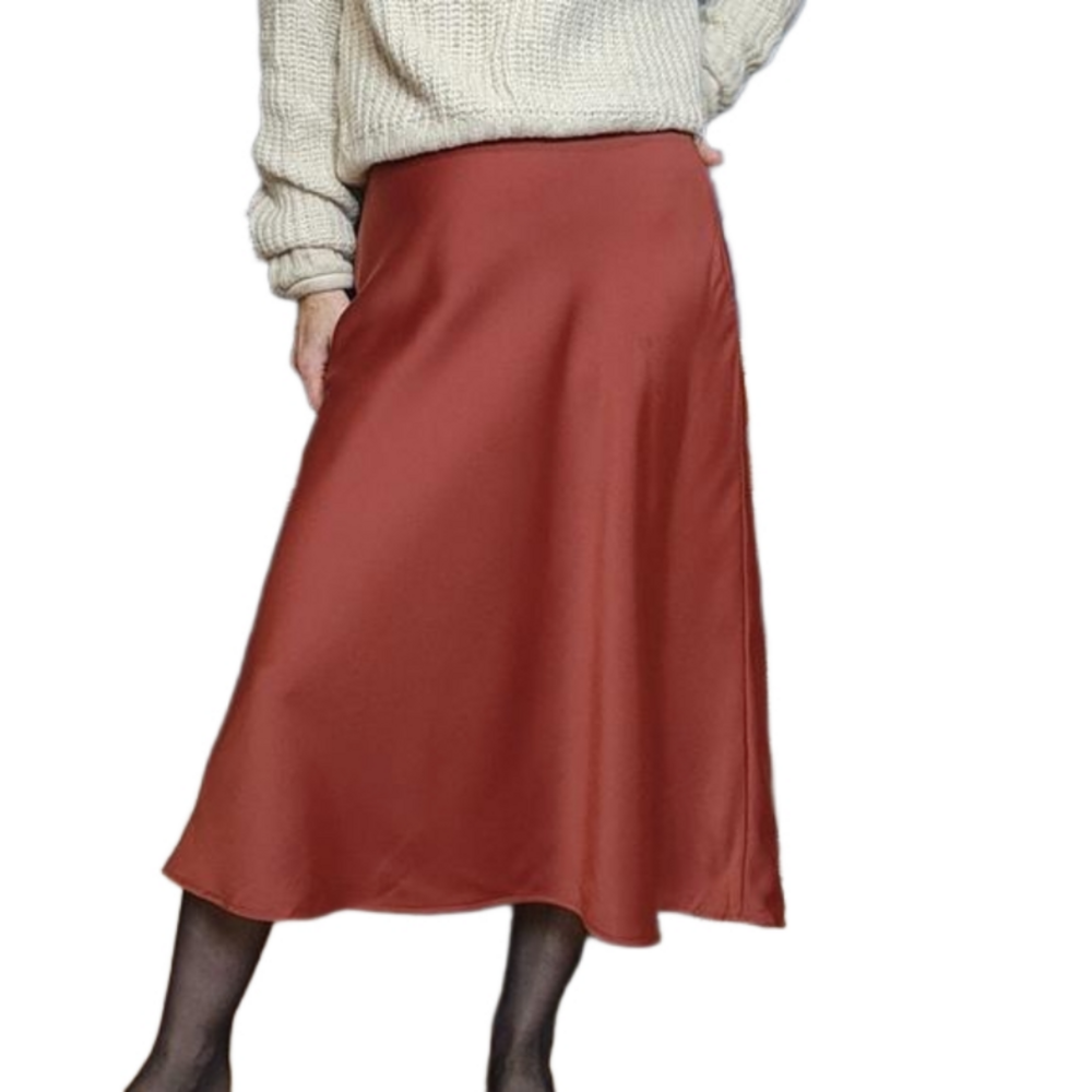 H&M Rust Red Satin Midi Skirt